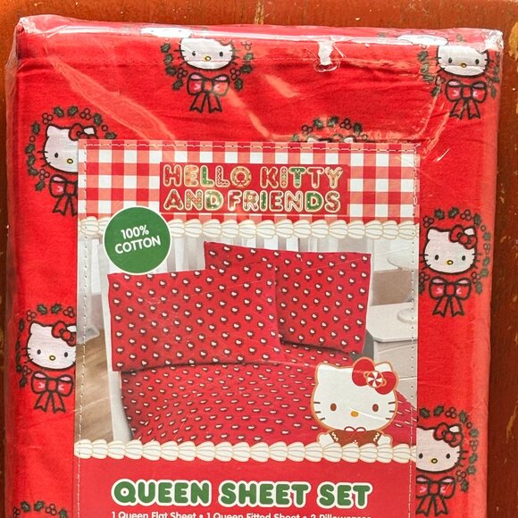 Hello Kitty Christmas Wreath Mistletoe QUEEN Size Cotton Sheet Set 100% cotton